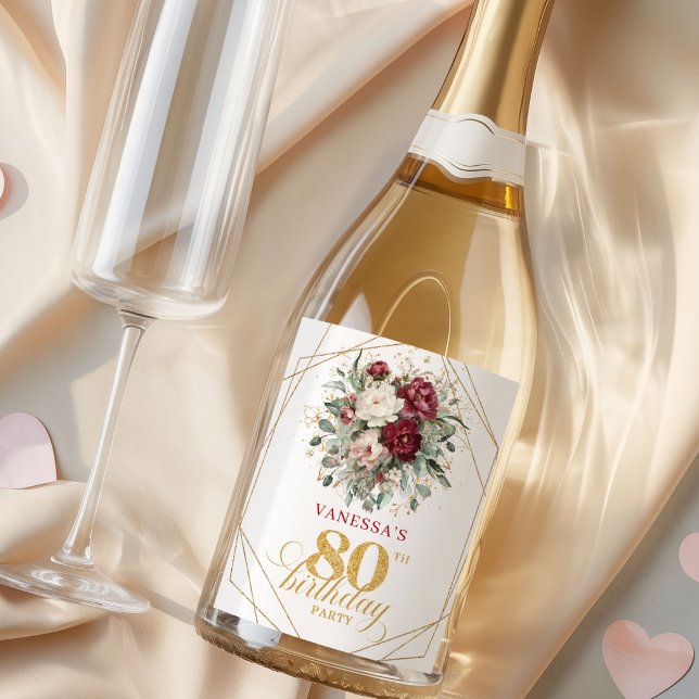 Etiqueta de Champagne para 80 cumpleaños Burgundy  (Rustic Blush Burgundy 80th Birthday Champagne Labels)