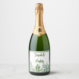 Etiqueta de champán de boda con hojas de follaje v