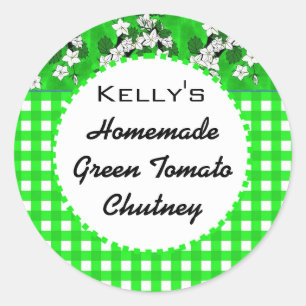 Etiqueta de chutney de jam floral de gingham verde