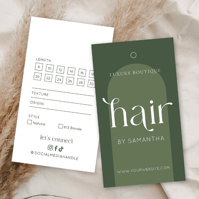 Etiqueta de colgamiento de las extensiones de pelo (Modern hair extensions hang tags in sage green and trendy display fonts)