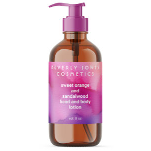 Etiqueta de cosmética de color rosa y púrpura