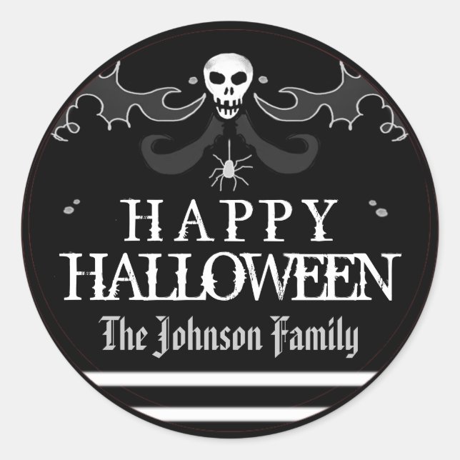 Etiqueta de cráneo blanco negro de Halloween (Anverso)