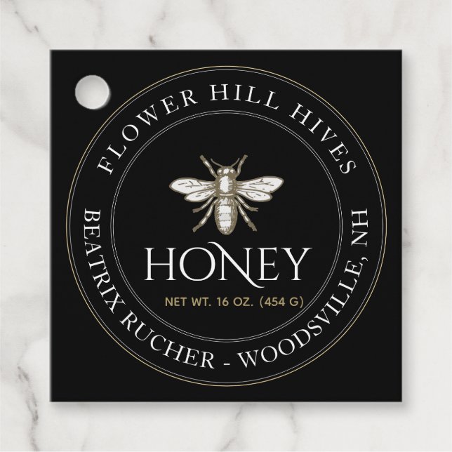 Etiqueta de cuello de miel Jar negra con abeja fra (Anverso)