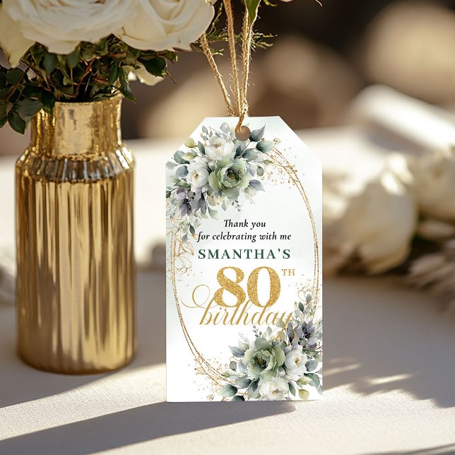 Etiqueta de cumpleaños 80 Boho Foliage Verde Polvo (Dusty Green 80th Birthday Boho Foliage Tag

)