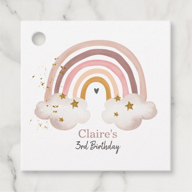 Etiqueta de cumpleaños Boho Rainbow Pastel Neutral (Anverso)