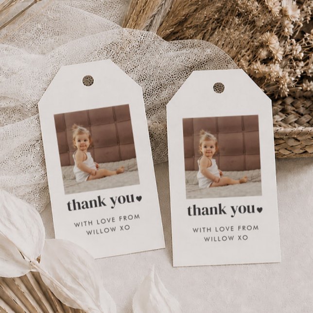 Etiqueta de cumpleaños con foto cuadrada de dos co (Zazzle Two Heart Square Photo 2nd Birthday Favor Gift Tags)