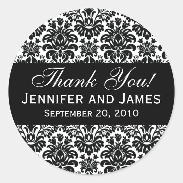 Etiqueta de Damask de Boda blanco y negro (Anverso)