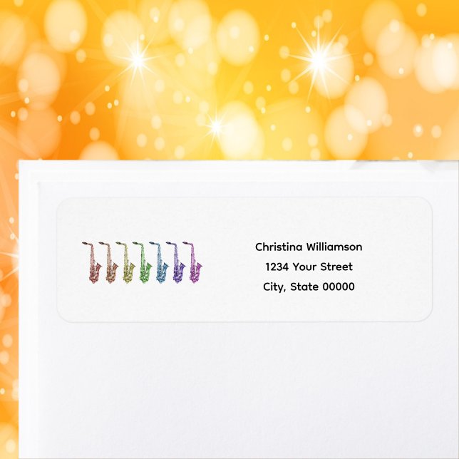 Etiqueta de devolución personalizable Saxofón Arco (A return address label with rainbow saxohones & text you can personalize.)