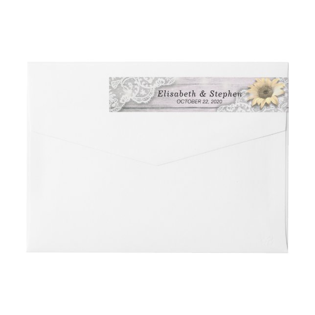 Etiqueta de dirección boda Lace Sunflower Wood Lig (Reverso)
