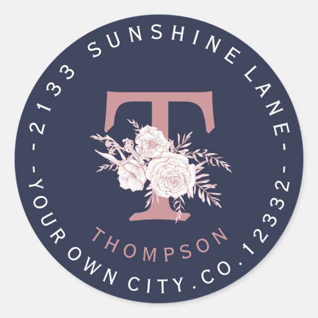 Etiqueta de dirección circular de monograma floral (Anverso)