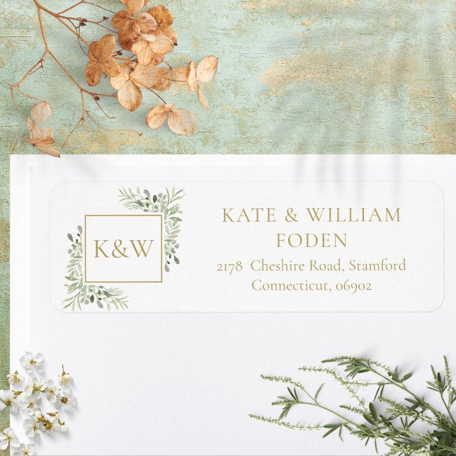 Etiqueta de dirección con monograma dorado y folla (Gold Monogram Greenery Foliage Address Label)