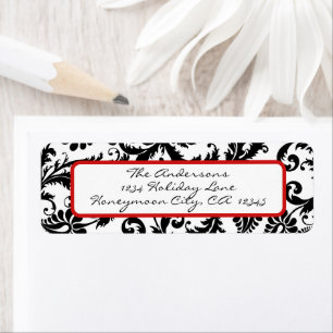 Etiqueta de dirección Damask Swirl roja y negra