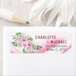 Etiqueta de dirección de boda con onda rosa y flor