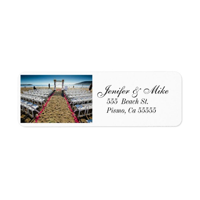 etiqueta de dirección de boda de playa (Frente)