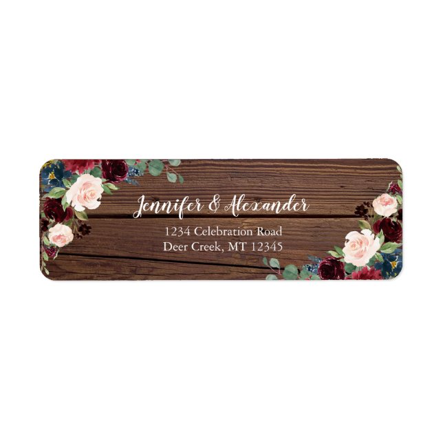 Etiqueta de dirección de Boda floral de madera de  (Frente)