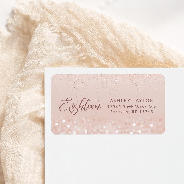 Etiqueta de dirección de cumpleaños 18 en rosa dor (Rose Gold Glitter 18th Birthday Address Label)