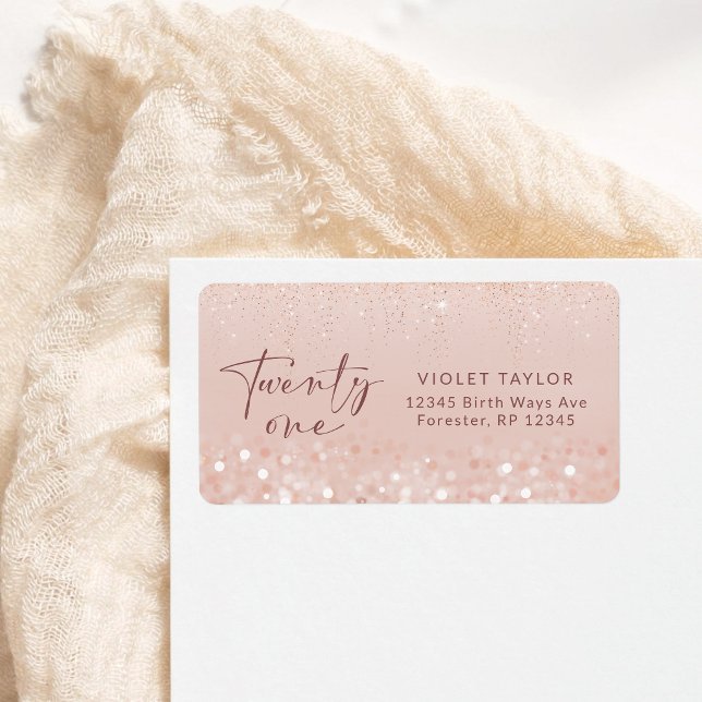 Etiqueta de dirección de cumpleaños 21 con brillo  (Rose Gold Glitter 21st Birthday Address Label)