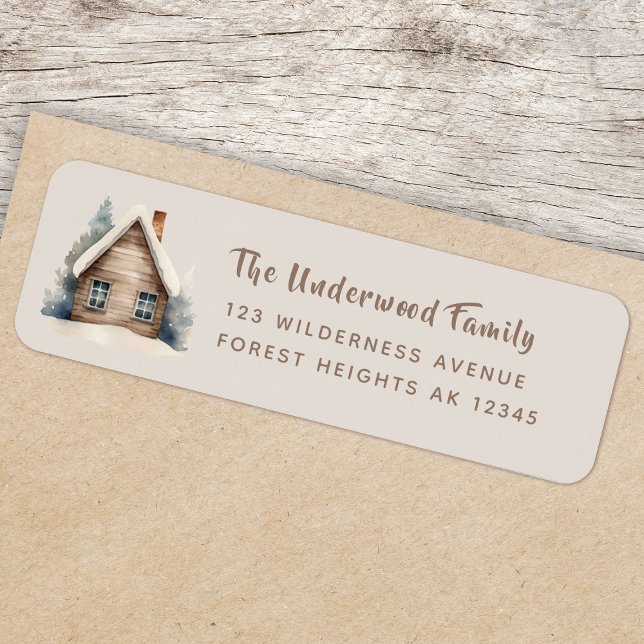 Etiqueta de dirección de devolución | Cabaña rústi (Rustic watercolor woodland log cabin return address labels for everyday or seasonal mail)