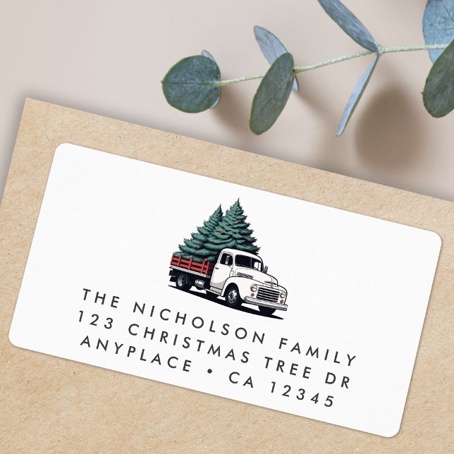 Etiqueta de dirección de devolución | Camión de ár (Retro vintage Christmas tree delivery truck address labels for Holiday card mail & festive parcels)