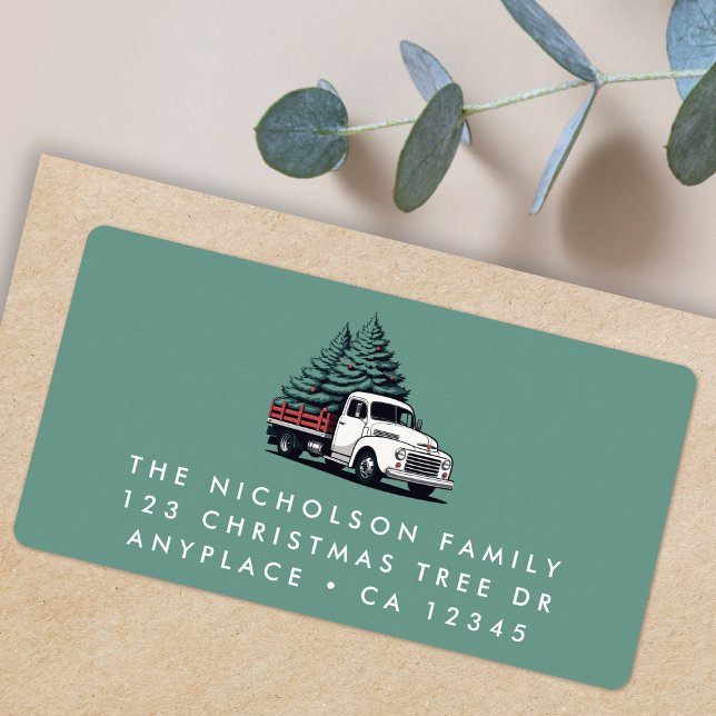 Etiqueta de dirección de devolución | Camión de ár (Retro vintage Christmas tree delivery truck address labels for Holiday card mail & festive parcels)