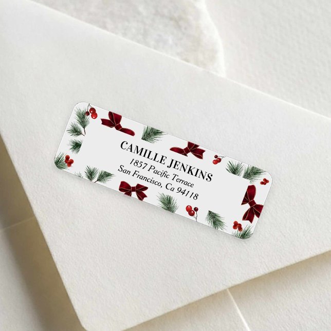 Etiqueta de dirección de devolución con lazo rojo  (Red Bow and Winter Greenery Christmas Theme Return Address Label)
