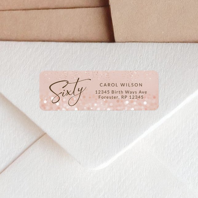 Etiqueta de dirección de devolución Cumpleaños 60  (Rose Gold Glitter 60th Birthday Return Address Label)