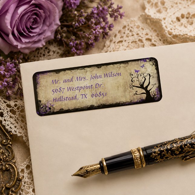 Etiqueta de dirección de devolución de árbol marip (Purple Butterfly Tree Vintage Return Address Label)