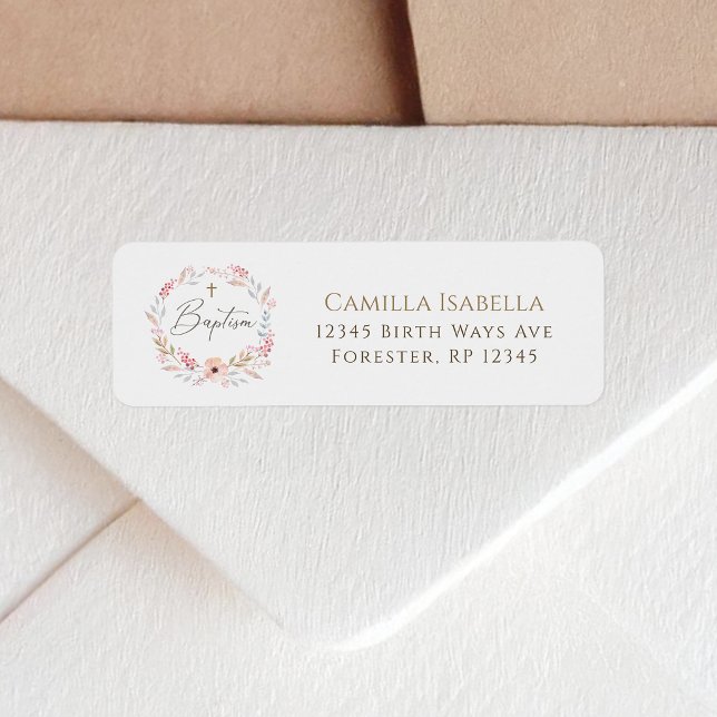 Etiqueta de dirección de devolución de Bautizo de  (Blush Pink Floral Girl Baptism Return Address Label)