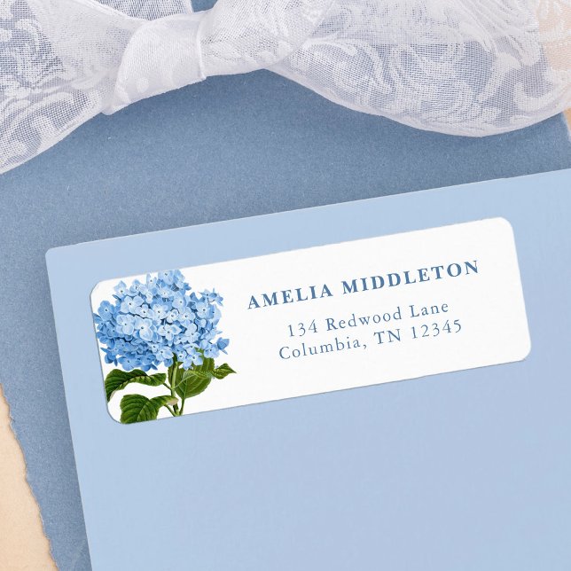 Etiqueta de dirección de devolución de boda clásic (blue hydrangea classic wedding return address labels)