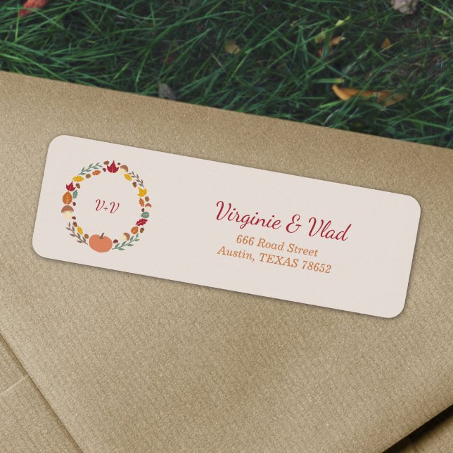 Etiqueta de dirección de devolución de boda de par (Wreath & Fall Wedding Return address label)