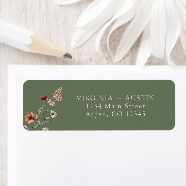 Etiqueta de dirección de devolución de Boda verde (Boho Sage Green Wedding Return Address Label with Butterfly by Painted Paperie
)