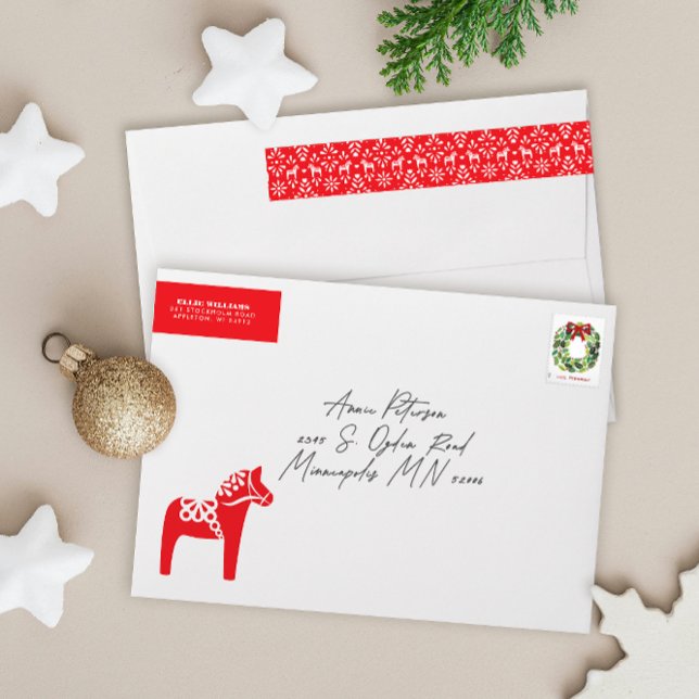 Etiqueta de dirección de devolución de caballo Dal (red and white Dala horse themed Scandinavian folk art pattern wrap around return address label)