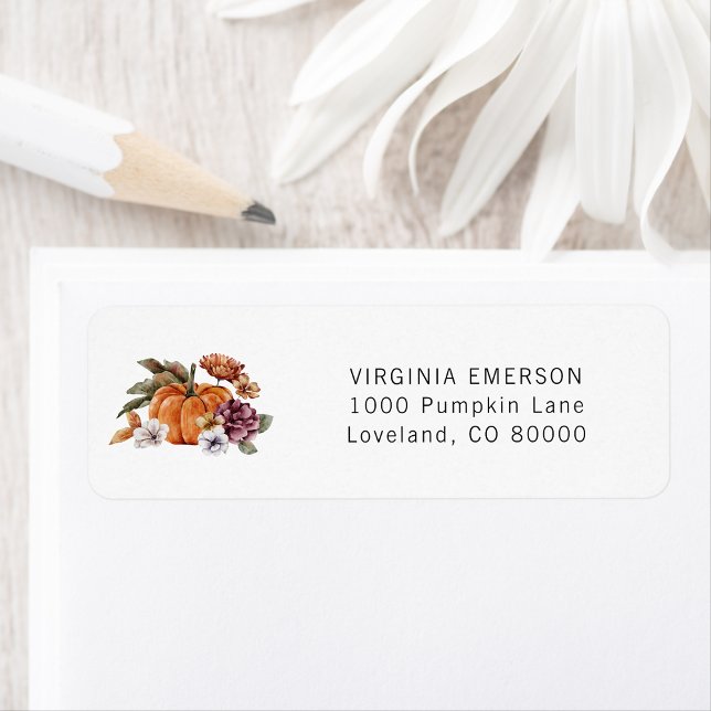 Etiqueta de dirección de devolución de caída de ca (Autumn Pumpkin Floral Fall Return Address Label by Painted Paperie)