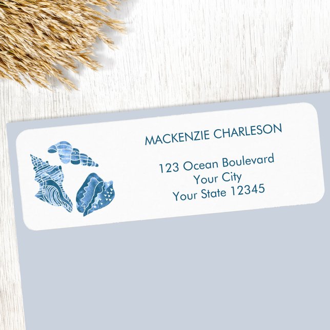 Etiqueta de dirección de devolución de conchas mar (Sea shells blue and white watercolor beach coastal return address label)