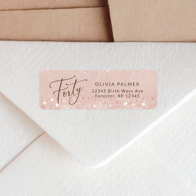 Etiqueta de dirección de devolución de cumpleaños  (Rose Gold Glitter 40th Birthday Return Address Label)