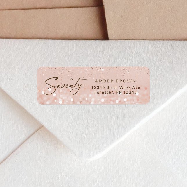 Etiqueta de dirección de devolución de cumpleaños  (Rose Gold Glitter 70th Birthday Return Address Label)