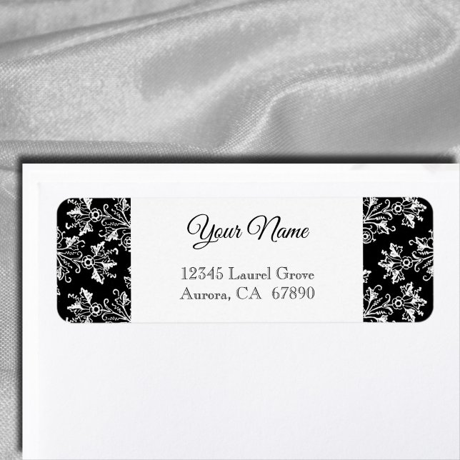Etiqueta de dirección de devolución de damasco flo (Damask White on Black Return Address Label)
