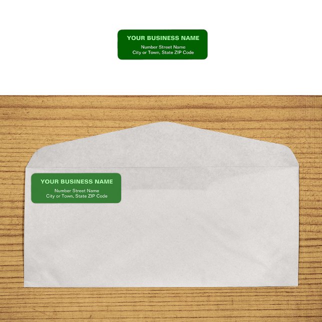 Etiqueta de dirección de devolución de empresa eco (Plain text green business return address label on envelope)