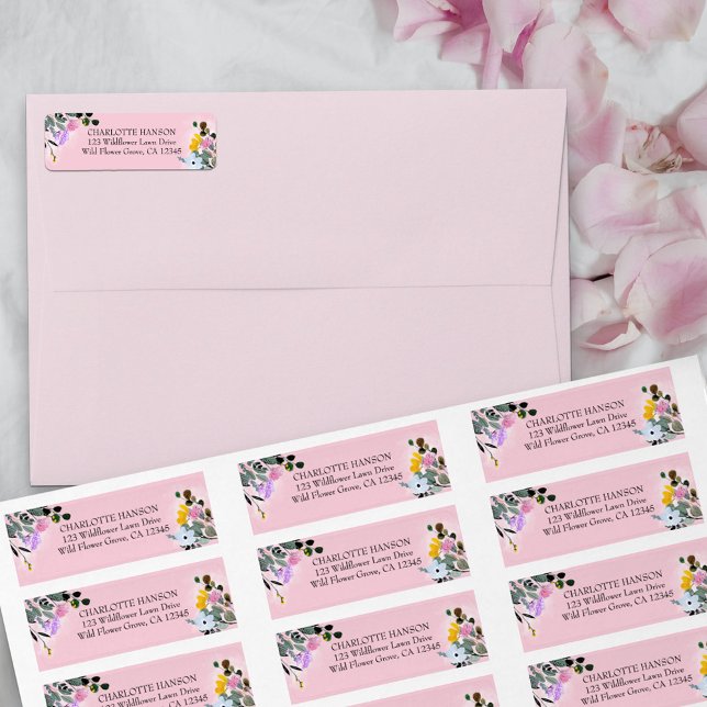 Etiqueta de dirección de devolución de flores silv (Pink return address labels from my Wildflower Lawn Collection.)