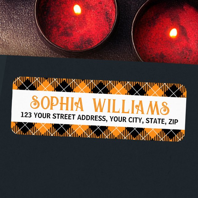 Etiqueta de dirección de devolución de Halloween d (Black orange plaid Halloween return address Label)