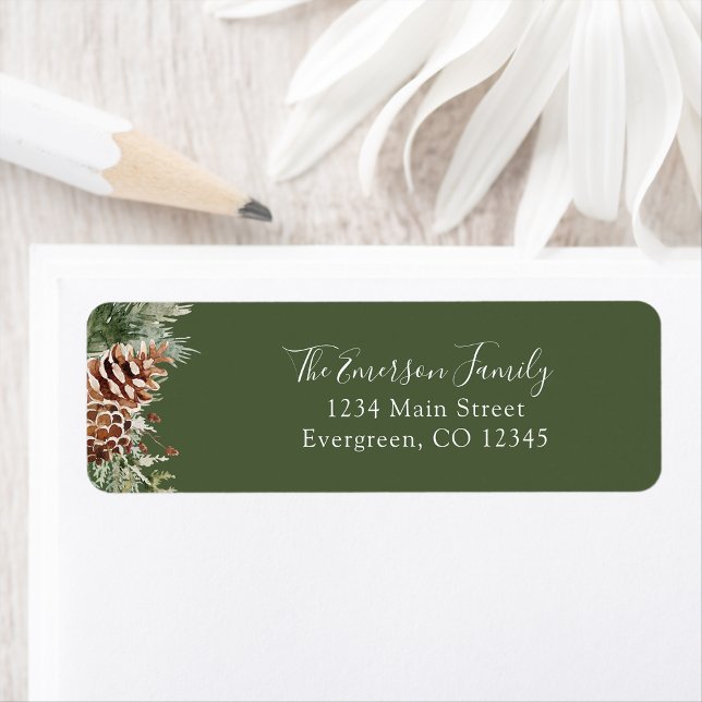 Etiqueta de dirección de devolución de invierno ve (Seasonal Green Pinecone Evergreen Winter Return Address Label by Painted Paperie
)