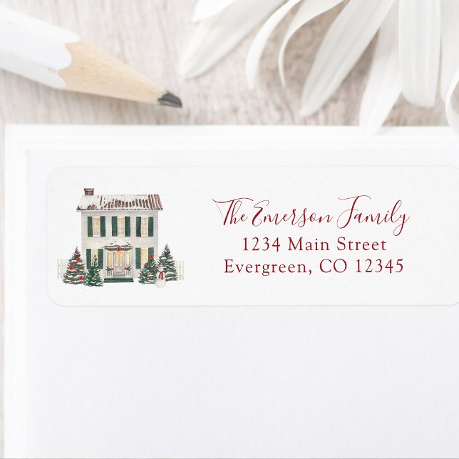 Etiqueta de dirección de devolución de la casa (Watercolor Christmas Colonial House Personalized Return Address Label by Painted Paperie
)