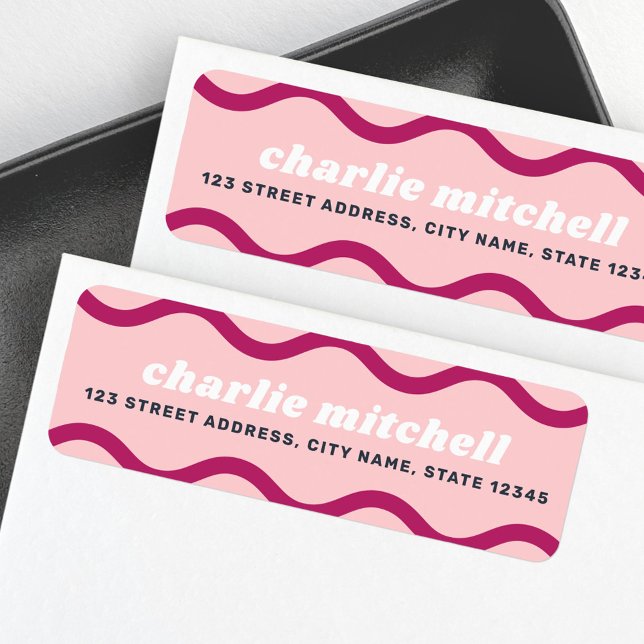 Etiqueta de dirección de devolución de línea ondul (Pink burgundy retro squiggly line return address label)