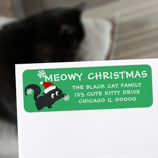 Etiqueta de dirección de devolución de Mascota de  (Meowy Christmas! A cute kitten wearing a santa hat on your return address labels. Happy Pawlidays!)