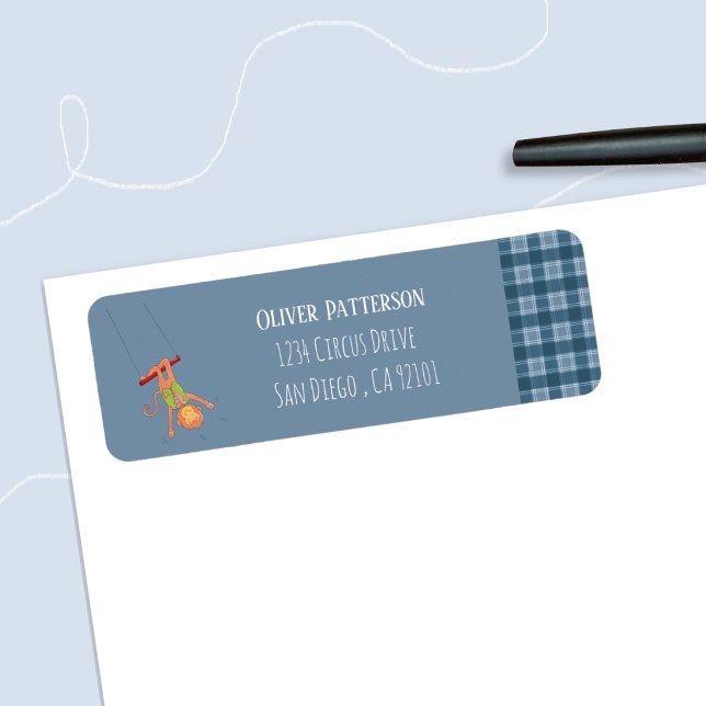 Etiqueta de dirección de devolución de mono de cir (Circus monkey blue return address label . )