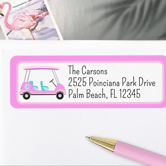 Etiqueta de dirección de devolución de monograma d (Cute pink golf cart with monogram return address label.)