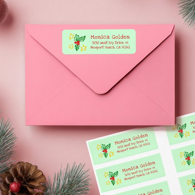 Etiqueta de dirección de devolución de Navidad Hol (Holly Star Doodle CHRISTMAS Holiday Return Address Label
)