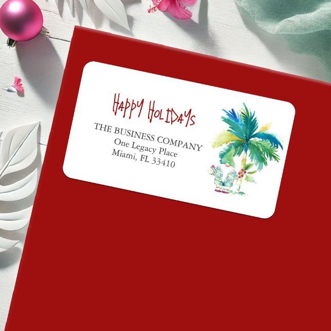 Etiqueta de dirección de devolución de Navidades c (Tropical Christmas return address labels watercolor palm tree art by Victoria Grigaliunas)
