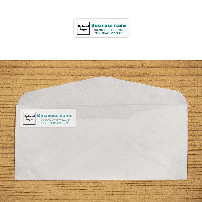 Etiqueta de dirección de devolución de negocio con (Return address label in teal green text on envelope)