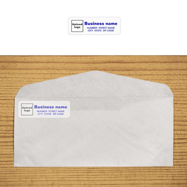 Etiqueta de dirección de devolución de negocio con (Return address label in blue text on envelope)